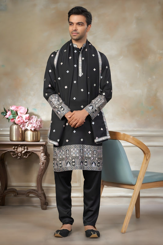 Awesome Black Embroidered Pure Silk Kurta Pyjama Set with Dupatta for Wedding