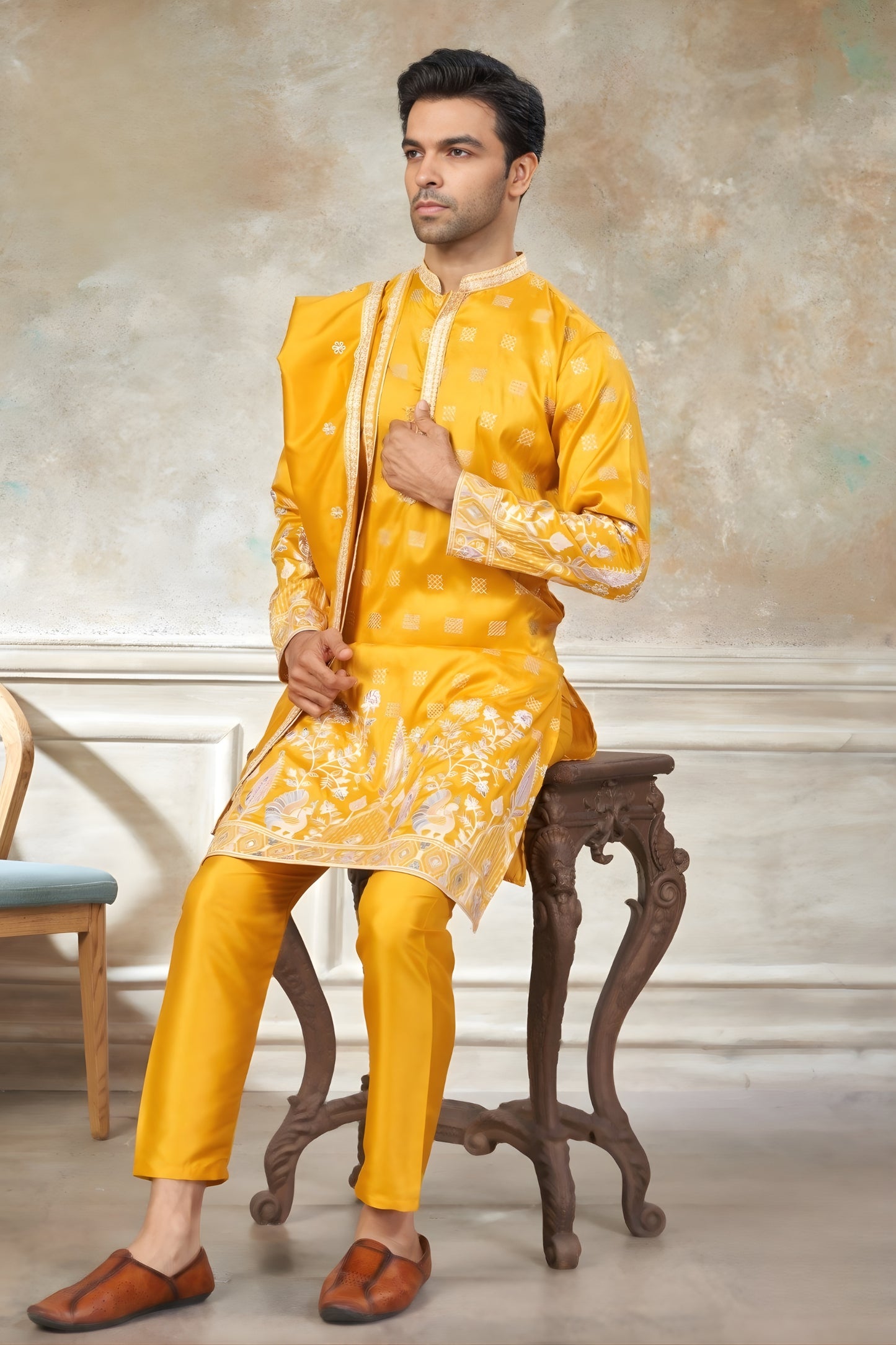 Wonderful Yellow Embroidered Pure Silk Kurta Pyjama Set with Dupatta for Wedding