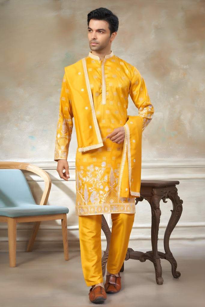 Wonderful Yellow Embroidered Pure Silk Kurta Pyjama Set with Dupatta for Wedding