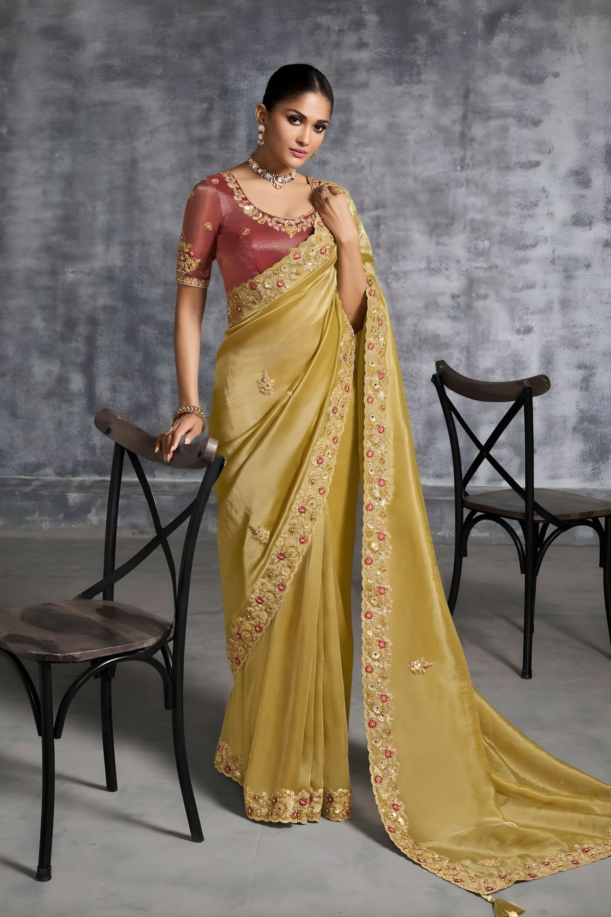 Golden Designer Silk Saree Embroidered Border Maroon Blouse