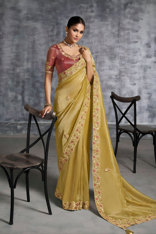 Golden Designer Silk Saree Embroidered Border Maroon Blouse