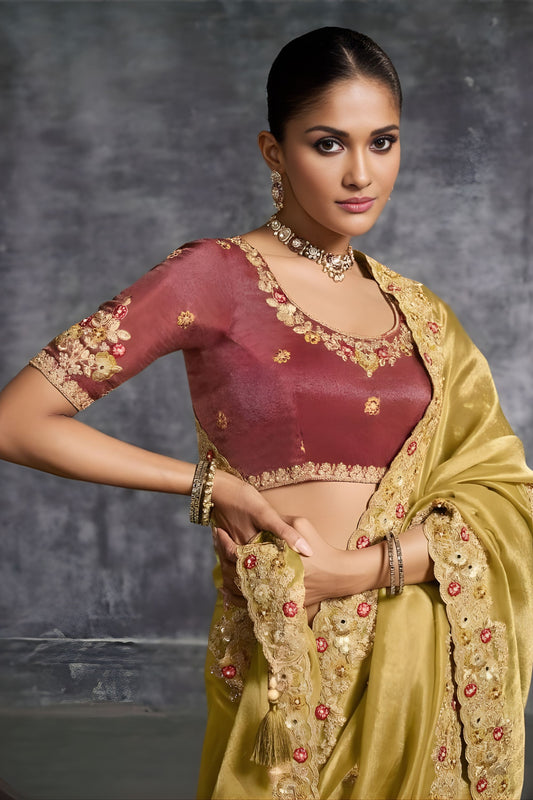 Golden Designer Silk Saree Embroidered Border Maroon Blouse