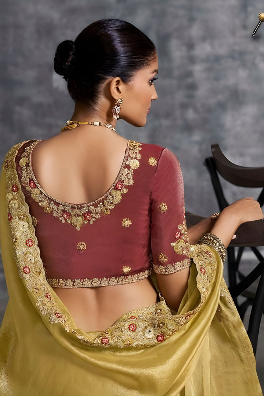 Golden Designer Silk Saree Embroidered Border Maroon Blouse