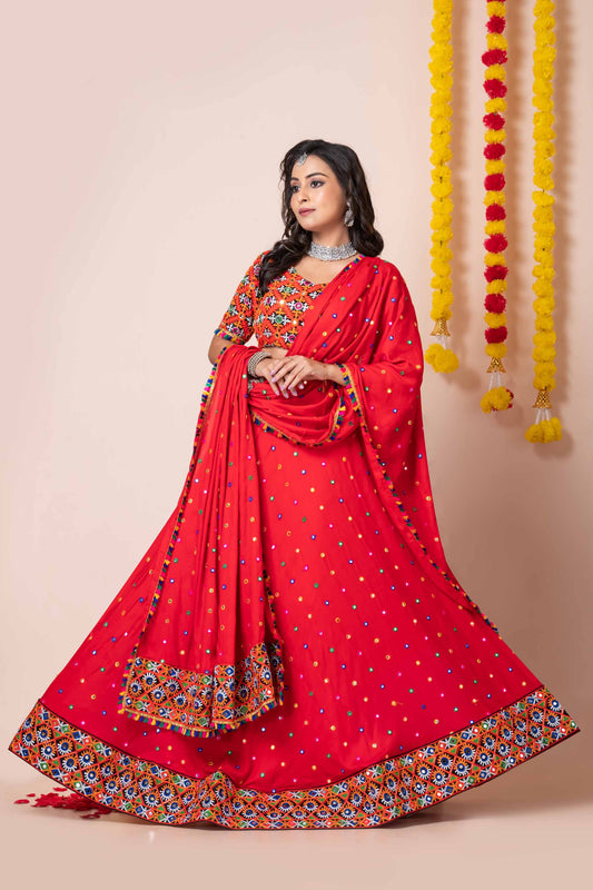 Red Navratri Lehenga Choli with Multicolor Mirror and Thread Embroidery for Garba