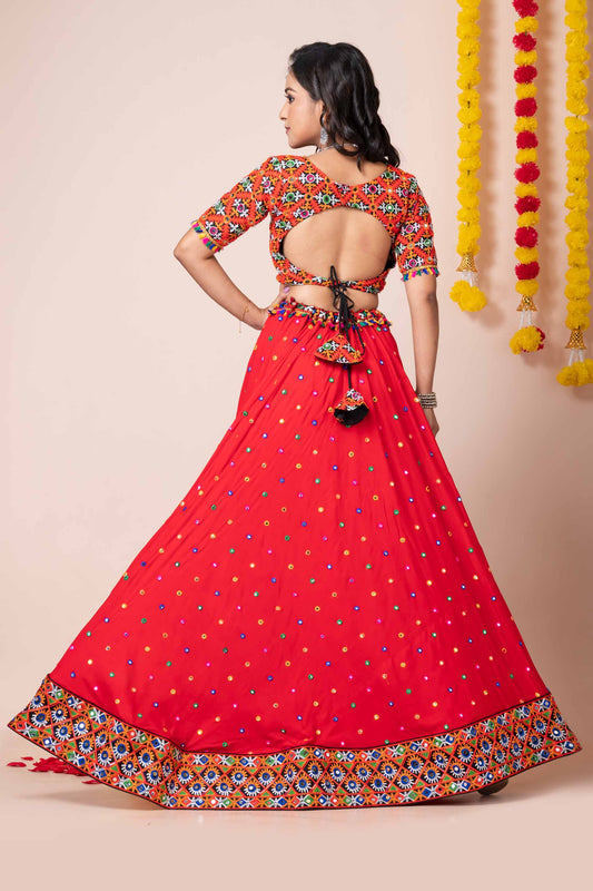 Red Navratri Lehenga Choli with Multicolor Mirror and Thread Embroidery for Garba
