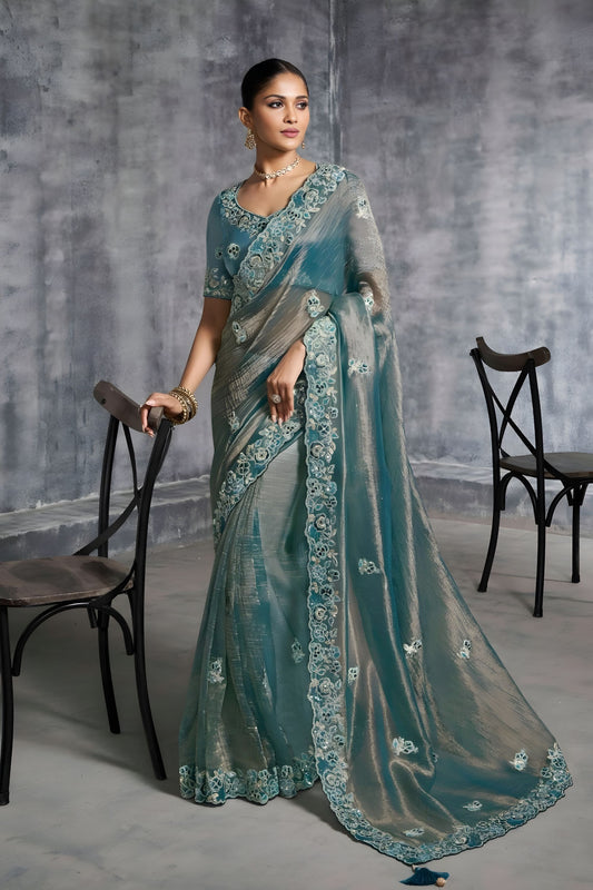 Elegant Teal Green Designer Silk Saree with Embroidered Border