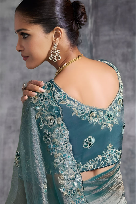 Elegant Teal Green Designer Silk Saree with Embroidered Border