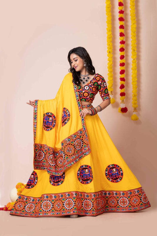 Yellow Navratri Lehenga Choli with Multicolor Mirror and Elephant Embroidery for Garba