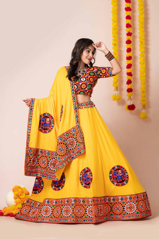Yellow Navratri Lehenga Choli with Multicolor Mirror and Elephant Embroidery for Garba