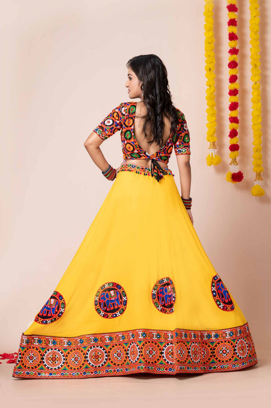 Yellow Navratri Lehenga Choli with Multicolor Mirror and Elephant Embroidery for Garba