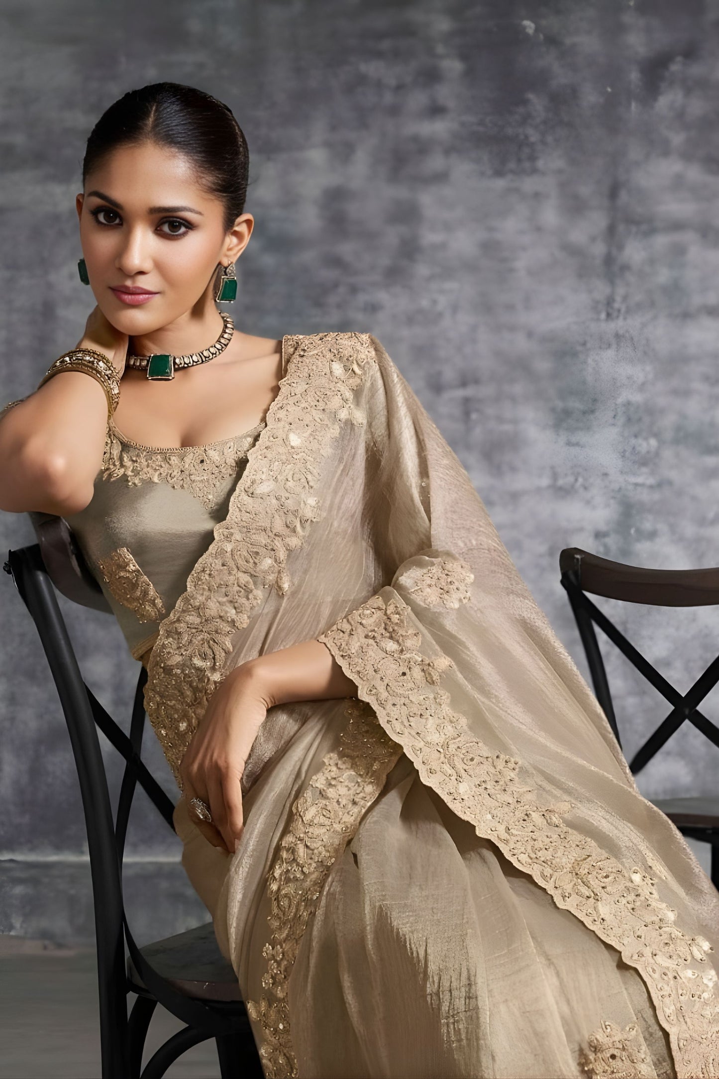 Champagne Gold Designer Silk Saree with Heavy Embroidered Border