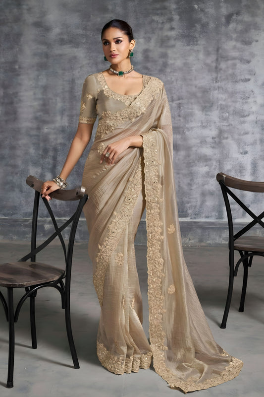 Champagne Gold Designer Silk Saree with Heavy Embroidered Border