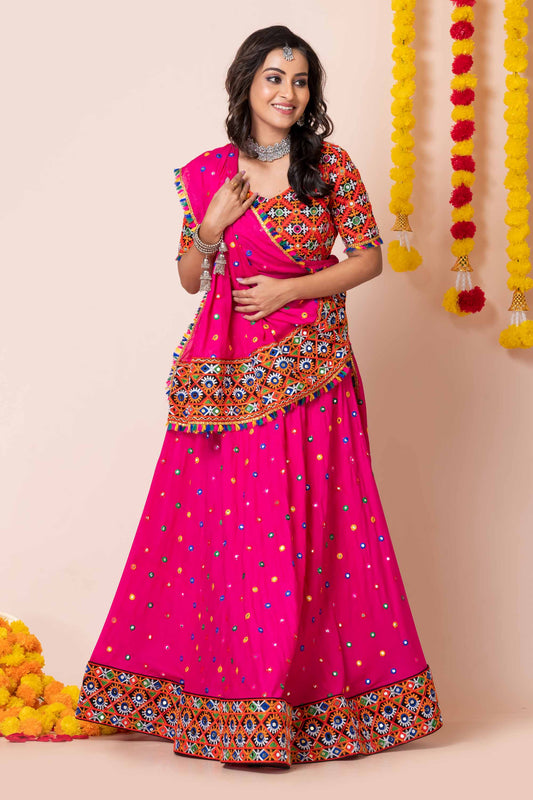 Hot Pink Navratri Lehenga Choli with Multicolor Mirror and Thread Embroidery for Garba