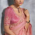 Peach Pink Designer Silk Saree with Floral Embroidered Border