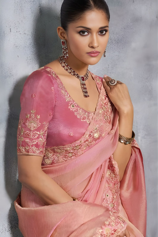 Peach Pink Designer Silk Saree with Floral Embroidered Border