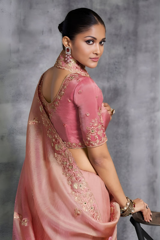 Peach Pink Designer Silk Saree with Floral Embroidered Border