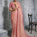 Peach Pink Designer Silk Saree with Floral Embroidered Border