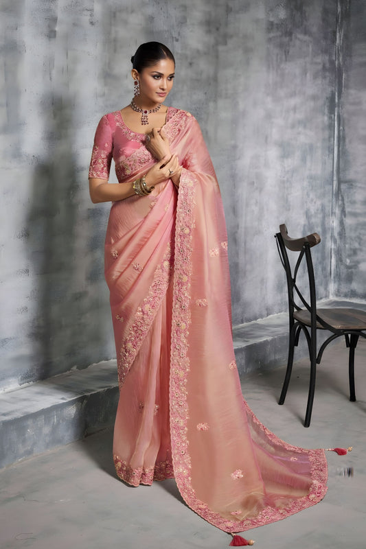 Peach Pink Designer Silk Saree with Floral Embroidered Border