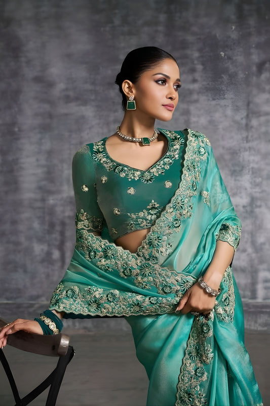 Sea Green Designer Silk Saree with Heavy Embroidered Border