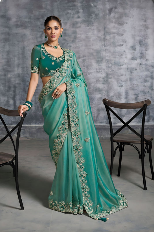 Sea Green Designer Silk Saree with Heavy Embroidered Border