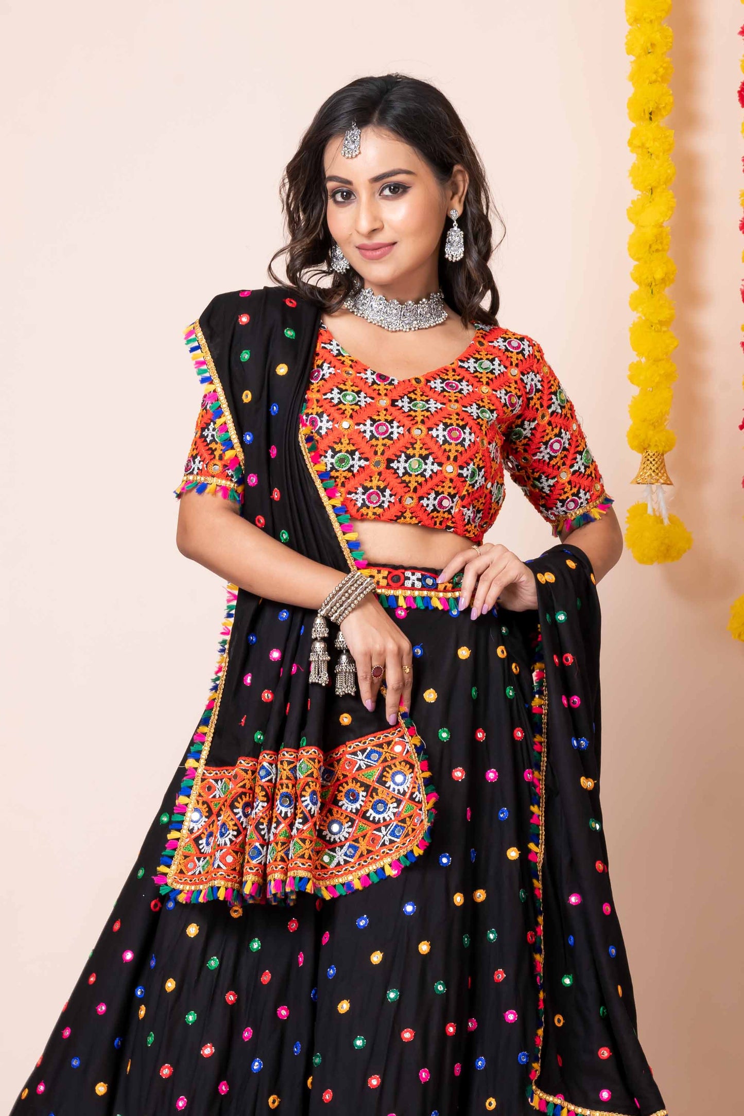 Black Lehenga Choli with Multicolor Mirror Embroidery and Traditional Dupatta