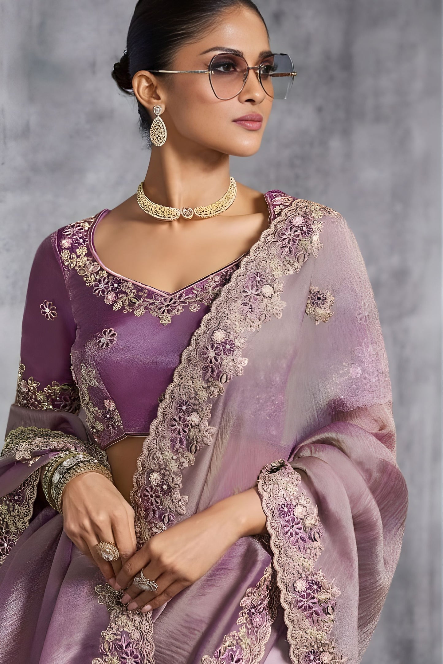 Luxury Lavender Silk Saree with Zari Embroidery Border Designer Blouse