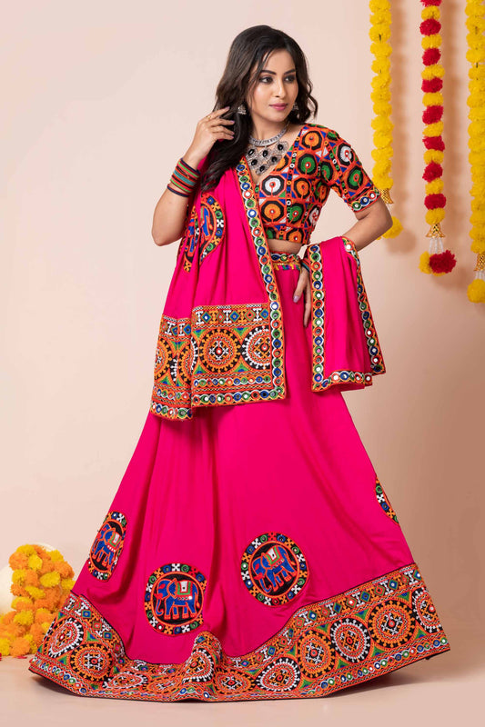 Lovely Pink Lehenga Choli with Multicolor Mirror Embroidery and Traditional Dupatta