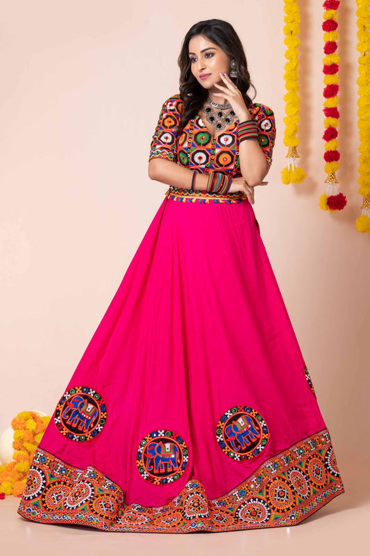 Lovely Pink Lehenga Choli with Multicolor Mirror Embroidery and Traditional Dupatta