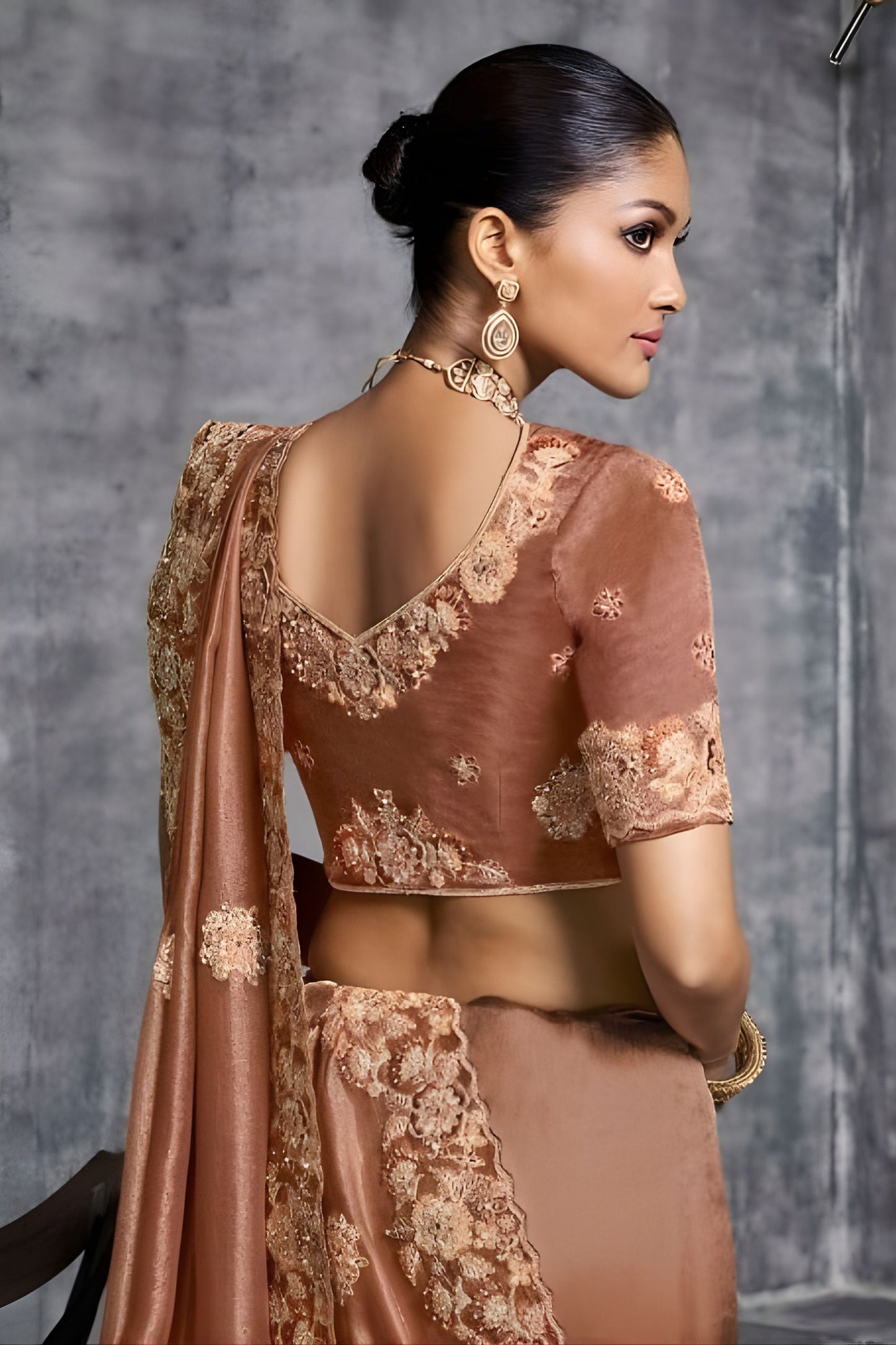 Copper Brown Silk Saree Heavy Zari Embroidery Border Designer Blouse