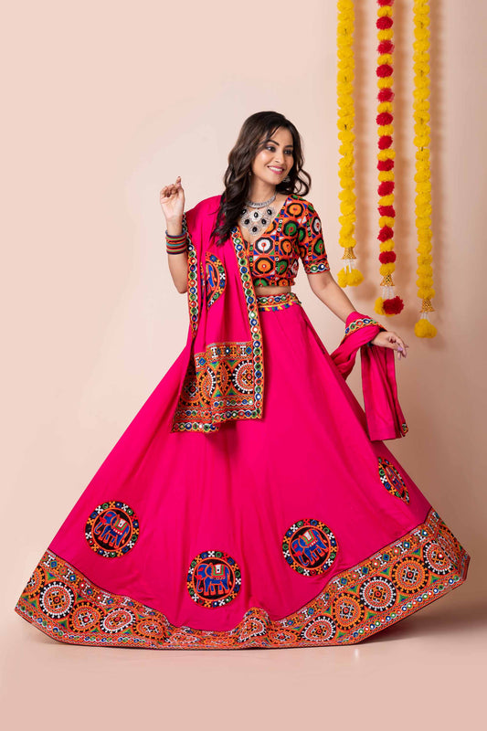 Lovely Pink Lehenga Choli with Multicolor Mirror Embroidery and Traditional Dupatta