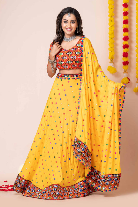 Stylish Yellow Lehenga Choli with Multicolor Mirror Embroidery and Traditional Dupatta