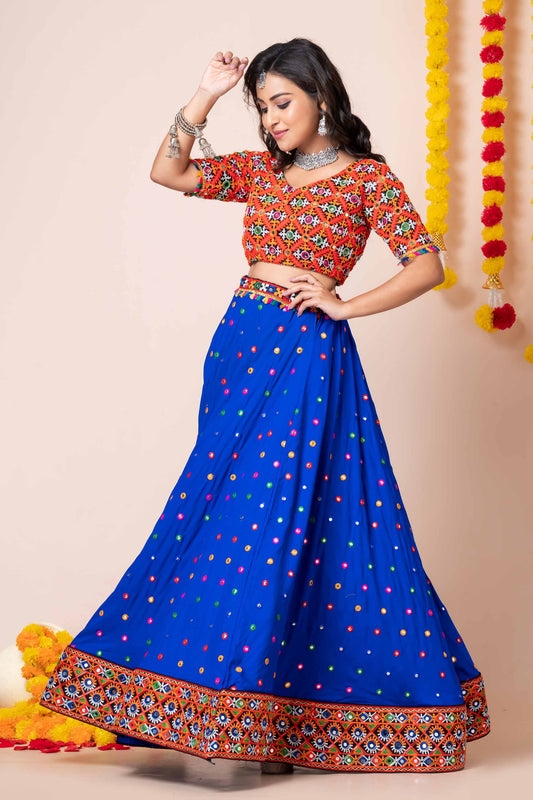 Latest Blue Lehenga Choli with Multicolor Mirror Embroidery and Traditional Dupatta