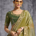 Olive Green Silk Saree with Zari Embroidered Border Designer Blouse