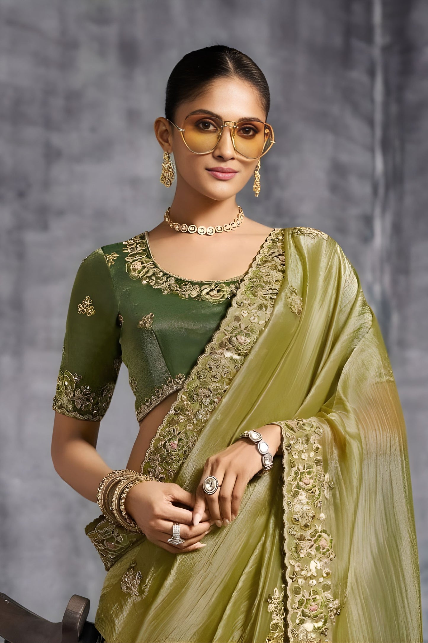 Olive Green Silk Saree with Zari Embroidered Border Designer Blouse