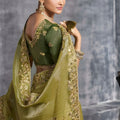 Olive Green Silk Saree with Zari Embroidered Border Designer Blouse
