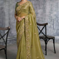 Olive Green Silk Saree with Zari Embroidered Border Designer Blouse