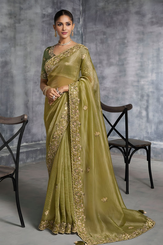 Olive Green Silk Saree with Zari Embroidered Border Designer Blouse