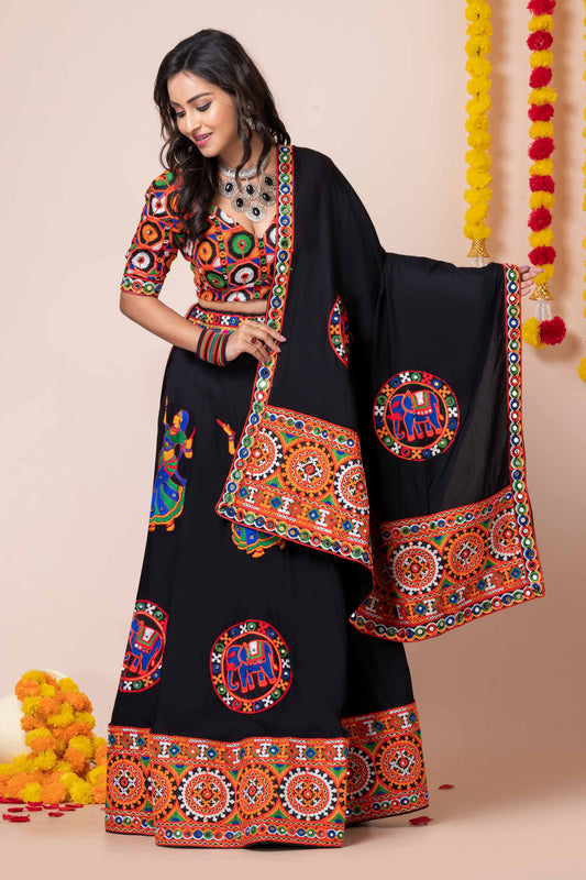 Black Traditional Navratri Lehenga Choli with Multicolor Mirror and Embroidery Work