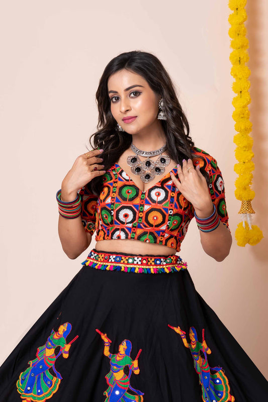 Trendy Black Navratri Lehenga Choli with Multicolor Mirror and Embroidery Work
