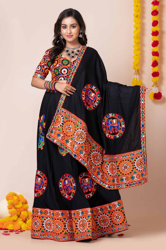 Trendy Black Navratri Lehenga Choli with Multicolor Mirror and Embroidery Work