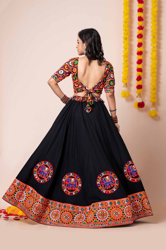 Trendy Black Navratri Lehenga Choli with Multicolor Mirror and Embroidery Work