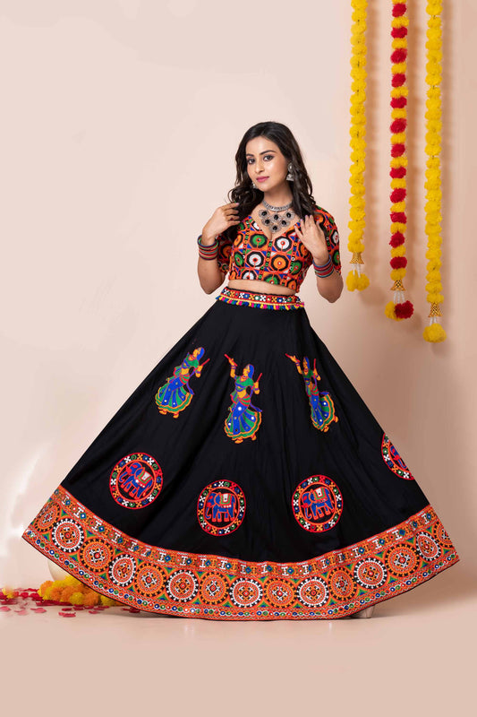 Trendy Black Navratri Lehenga Choli with Multicolor Mirror and Embroidery Work