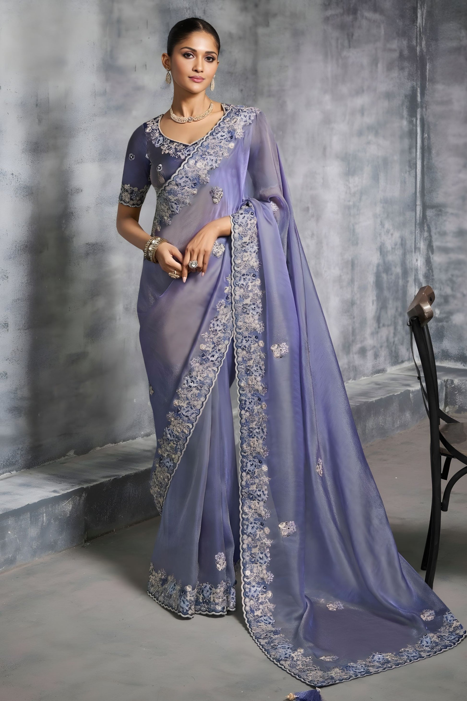 Lavender Blue Silk Saree Heavy Zari Embroidered Border Designer Blouse