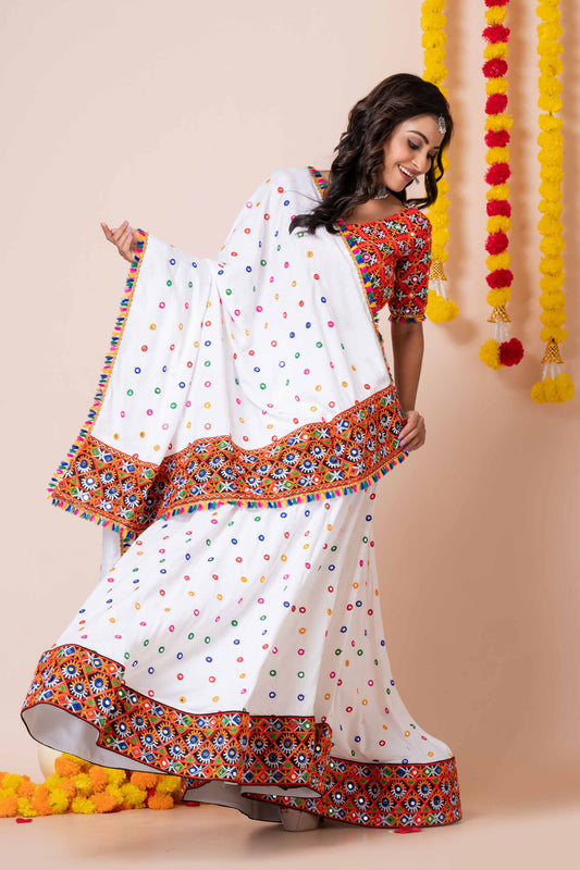 Stunning White Rayon Navratri Lehenga Choli with Multicolor Kutchi Mirror Embroidery