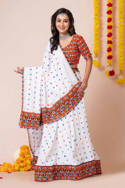 Stunning White Rayon Navratri Lehenga Choli with Multicolor Kutchi Mirror Embroidery