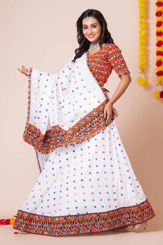 Stunning White Rayon Navratri Lehenga Choli with Multicolor Kutchi Mirror Embroidery
