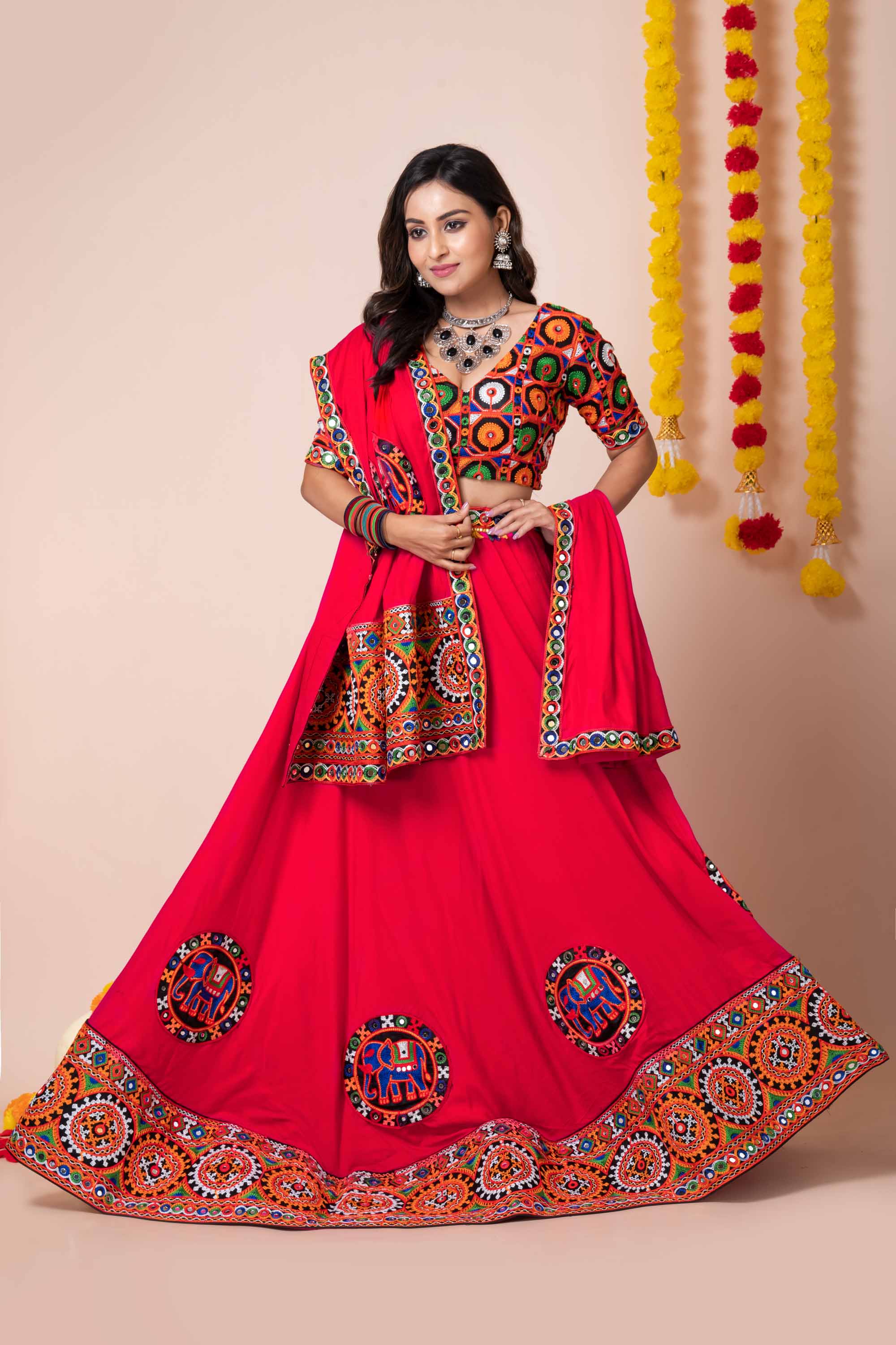 Superb Red Rayon Navratri Lehenga Choli with Multicolor Kutchi