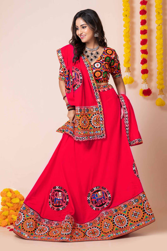Superb Red Rayon Navratri Lehenga Choli with Multicolor Kutchi Mirror Embroidery