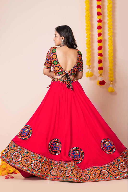 Superb Red Rayon Navratri Lehenga Choli with Multicolor Kutchi Mirror Embroidery