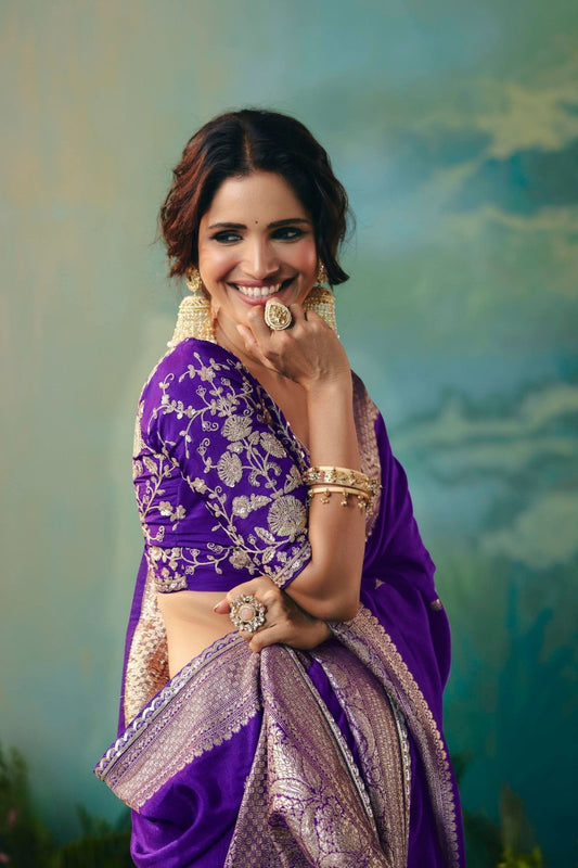 Royal Purple Silk Saree Golden Zari Embroidery Designer Blouse